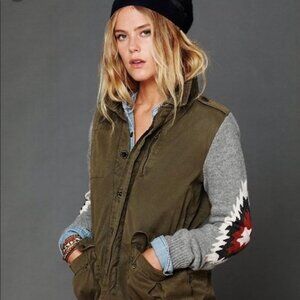 Free People x Maison Scotch-Military Jacket + Intarsia Knit Tribal Sleeve, XS, S